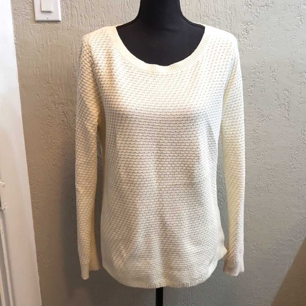 Lands End Ivory Thermal Knit Stitched Long Sleeve Sweater
